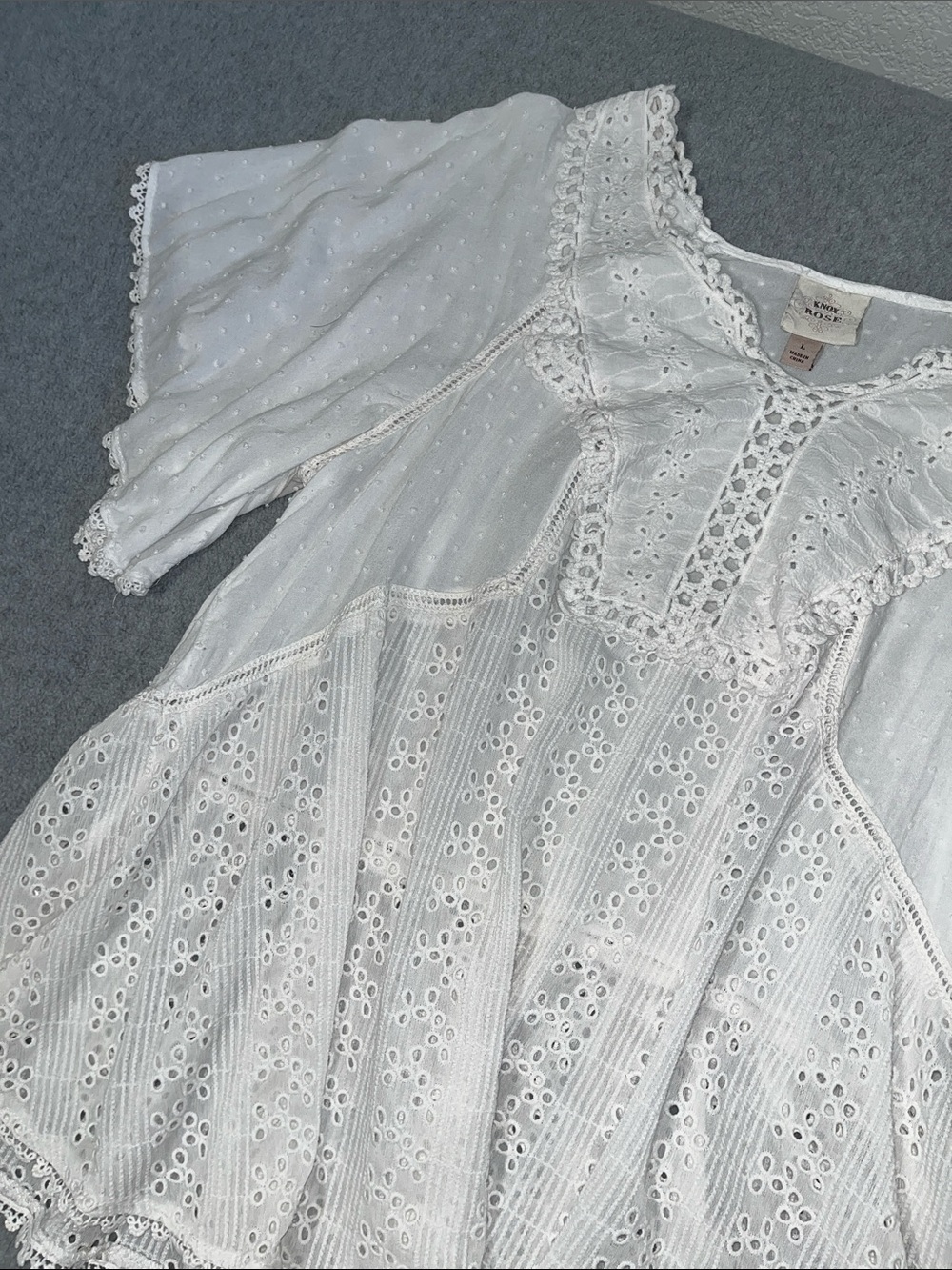 Boho White Eyelet Top Large Sheer Flowy Coastal Cottage Beachie - Picture 11 of 11